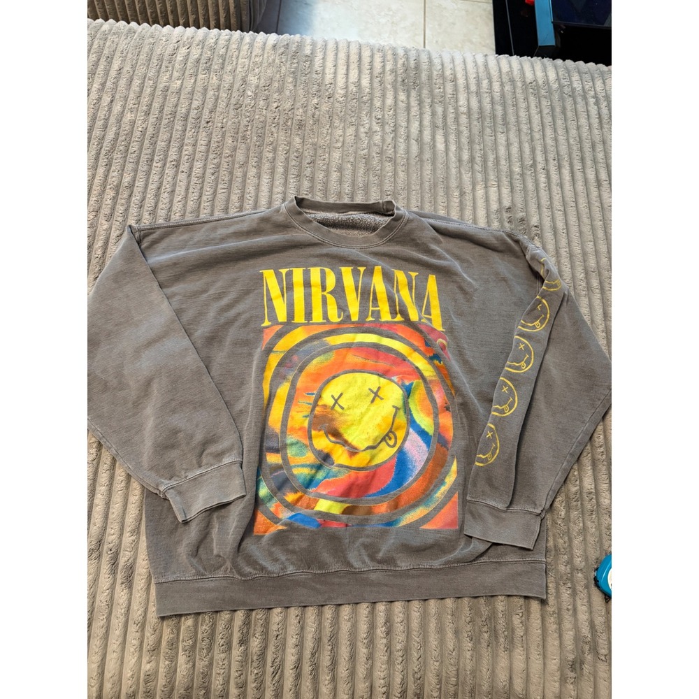 Nirvana Smiley Face Graphic Sweatshirt Charcoal Gray Oversized Band Pullover